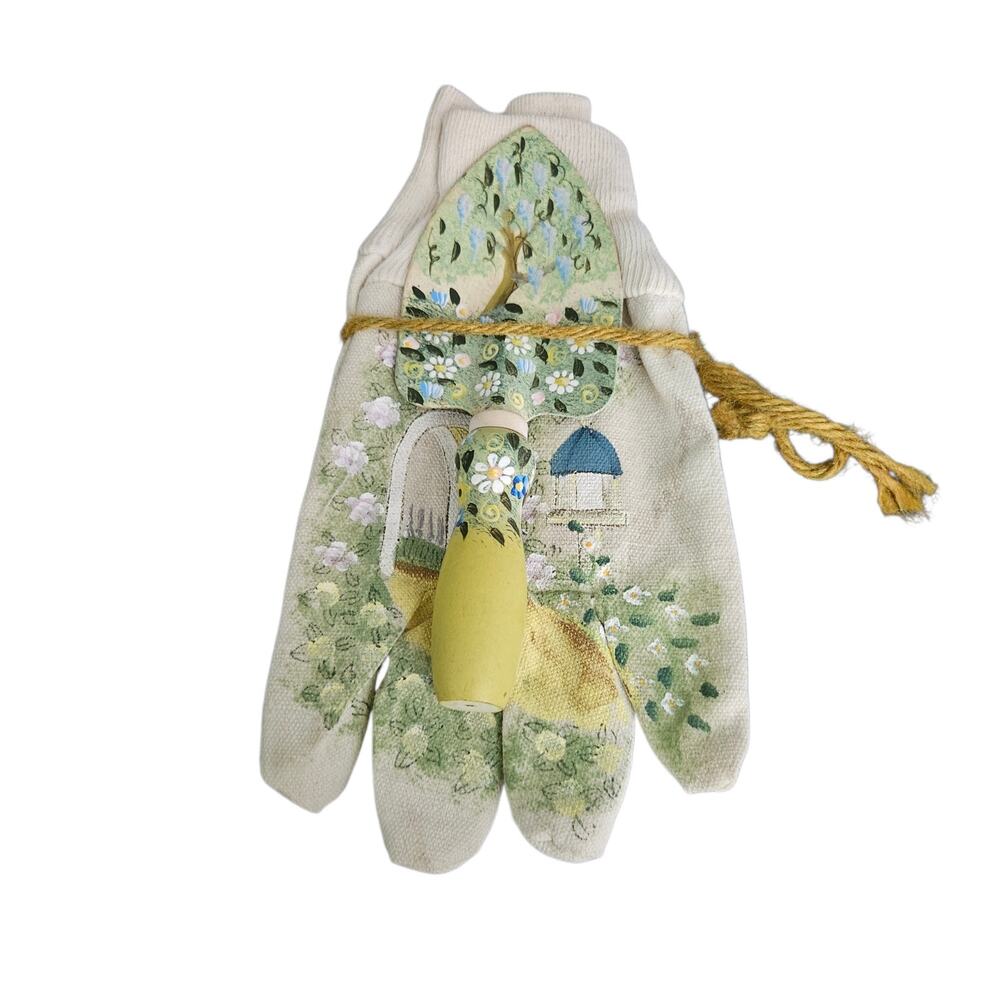 Hand Painted Garden Gloves & Trowel Floral Cottage Garden Folk Art Decor